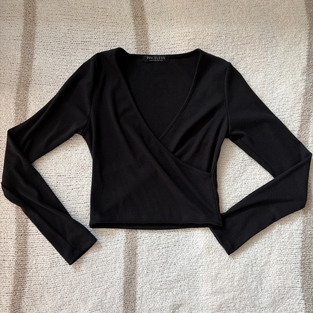 black surplice long sleeve crop top